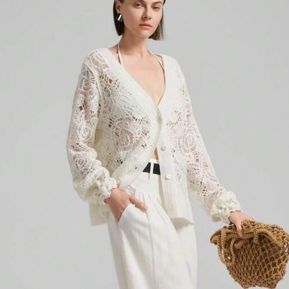 Crochet knit cardigan cream white button down long sleeve - Picture 1 of 7